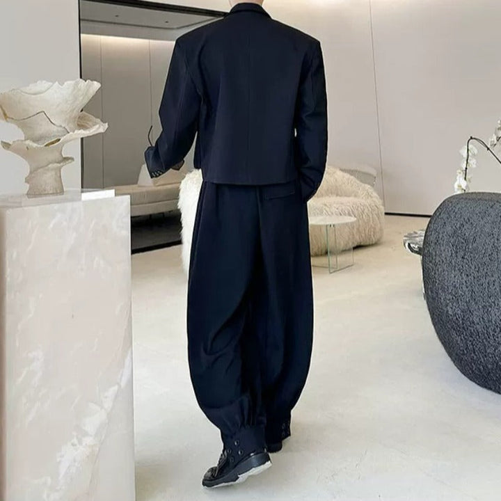 Cropped Flap Pocket Blazer Draped Pleated Cuffed Wide-leg Trousers Two-piece Set