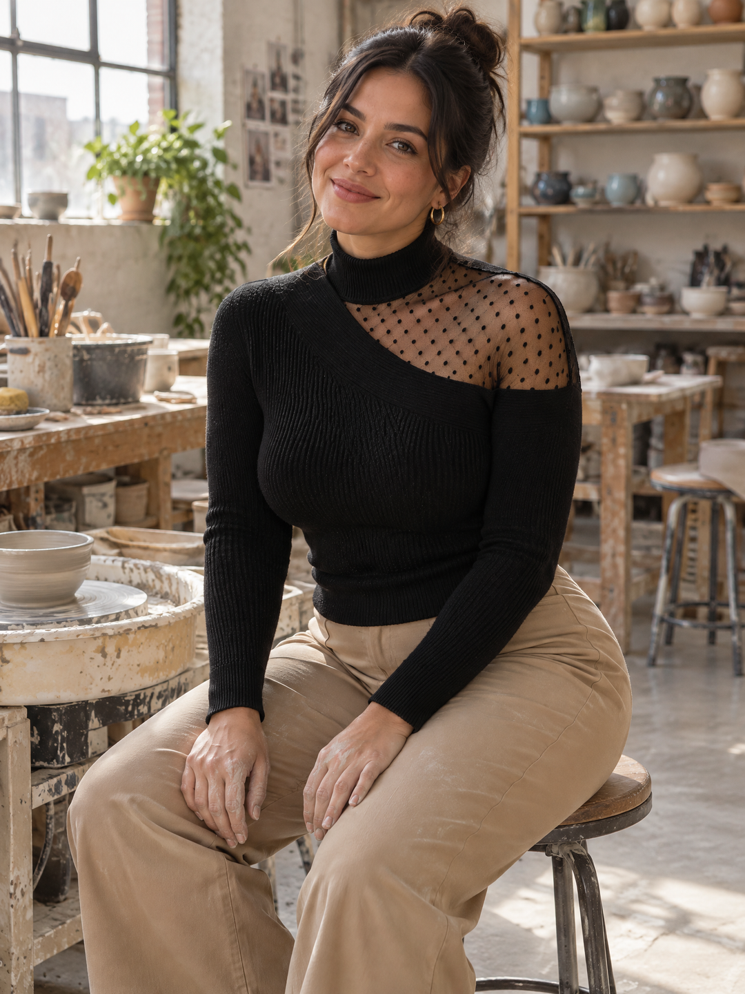 Asymmetrical Mesh Sheer Polka Dot Mock-Neck Sweater