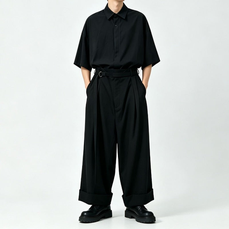 Japanese Drop Shoulder Short Sleeve Draped Loose Wide Leg Trousers Two-piece Set