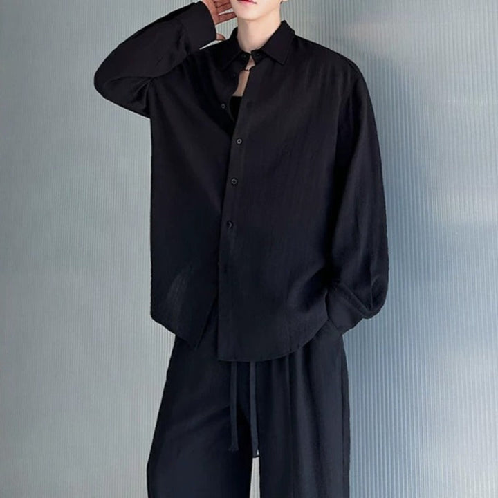 Cotton-Linen Long-Sleeve Shirt Wide-Leg Pant Casual Two-piece Set