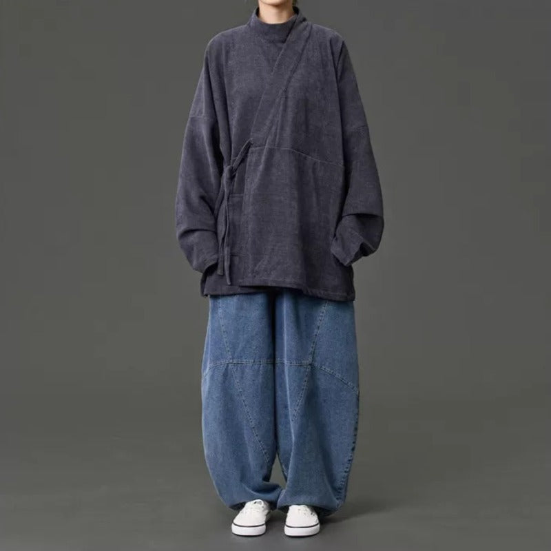 Corduroy Curved Collar Diagonal Placket Loose Hanfu Cardigan