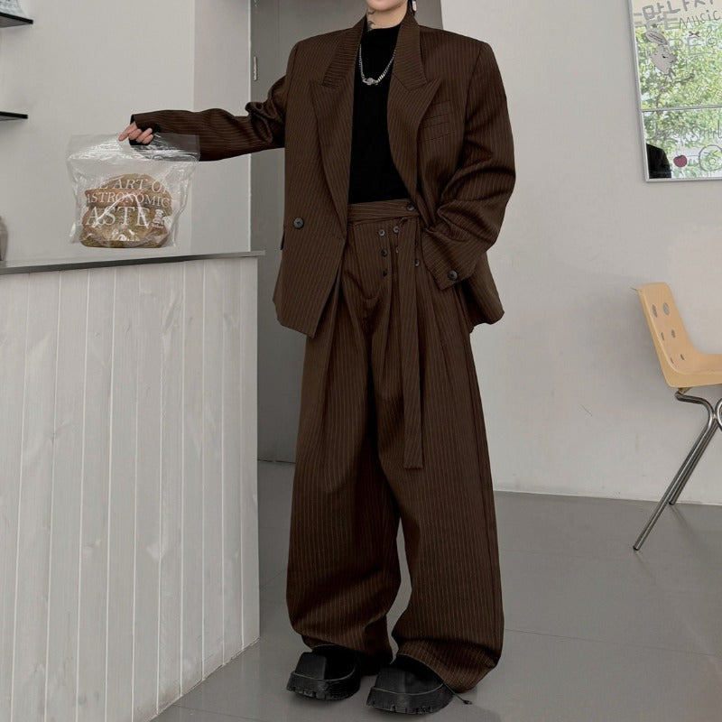 Pinstripe Ribbon Tape Accent Oversized Blazer Wide-leg Trousers Two-piece Set