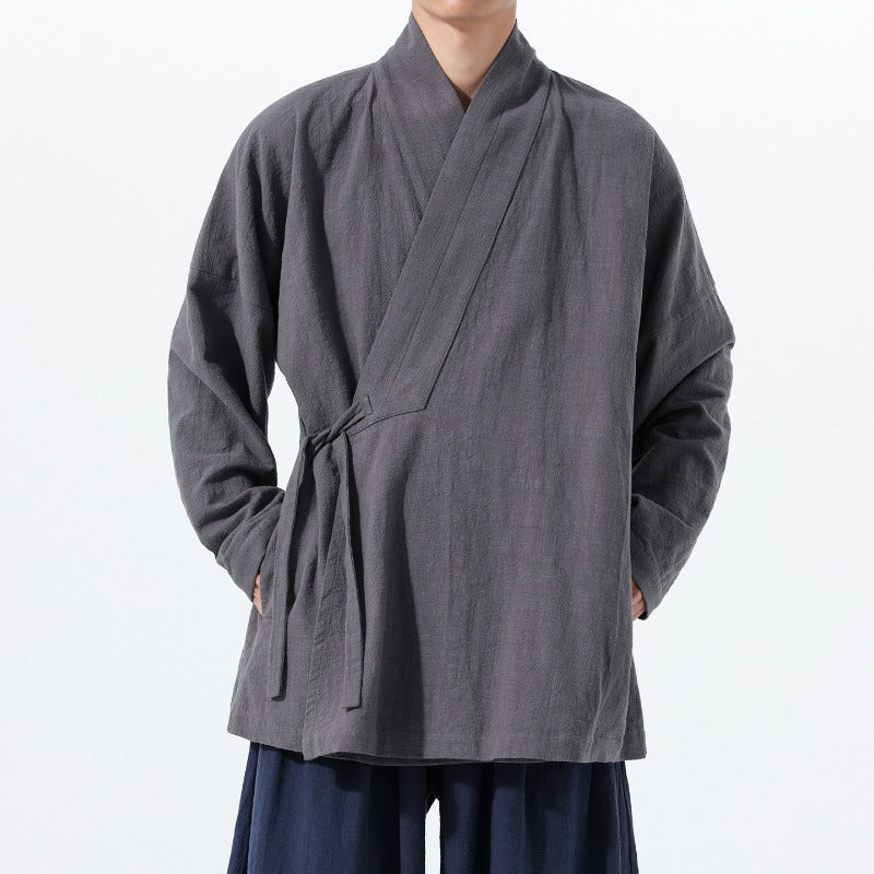 Loose Cotton Layered Cross Front Side Tie Shirt Hanfu