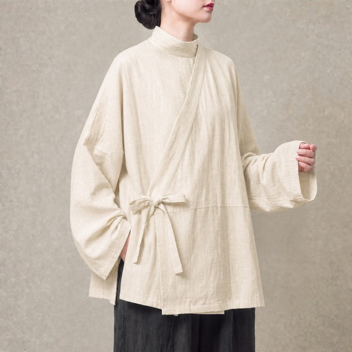 Cotton Textured Cross Collar Wrap Side Tie Loose Cardigan