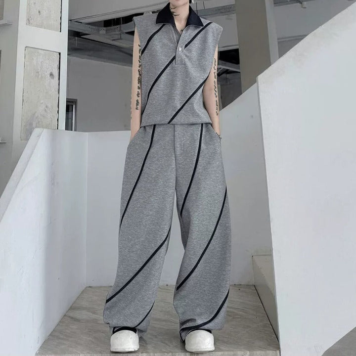 Color-block Collared Vest Casual Trousers Two-piece Set