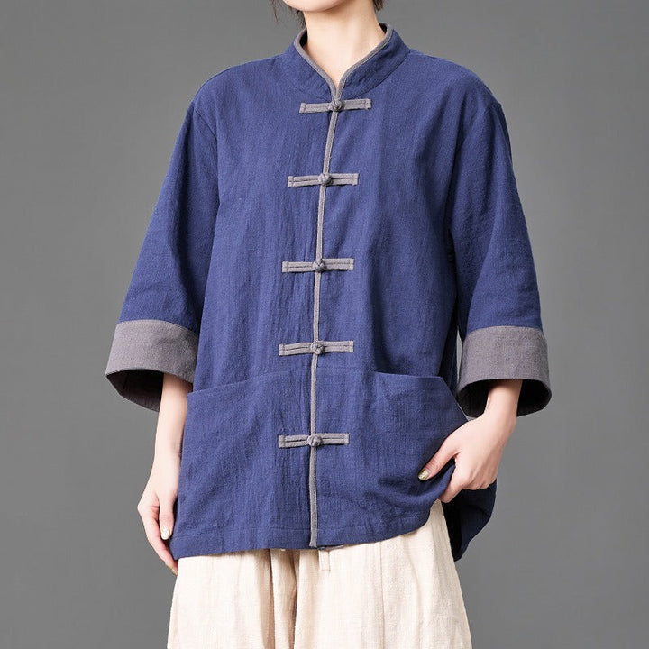 Cotton Linen Three Quarter Sleeve Frog Button Taichi Shirt