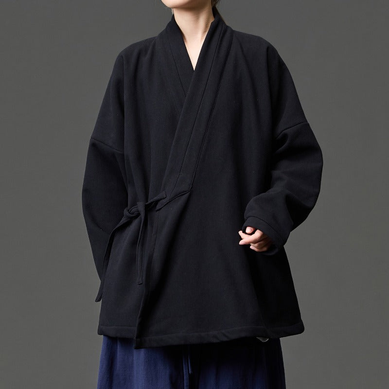 Fleece Lined Diagonal Placket Loose Hanfu Cardigan