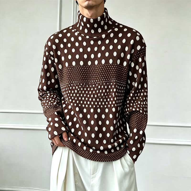 Ink-wash Polka Dot Turtleneck Pleated Base Layer Top