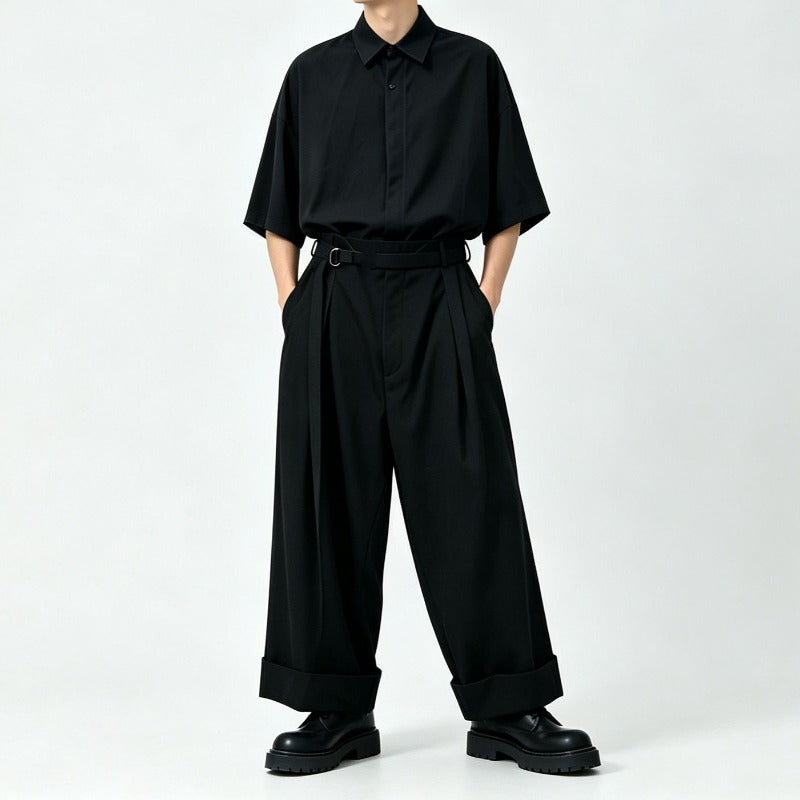 Japanese Drop Shoulder Short Sleeve Draped Loose Wide Leg Trousers Two-piece Set