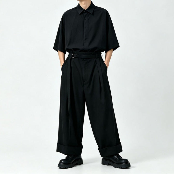 Japanese Drop Shoulder Short Sleeve Draped Loose Wide Leg Trousers Two-piece Set