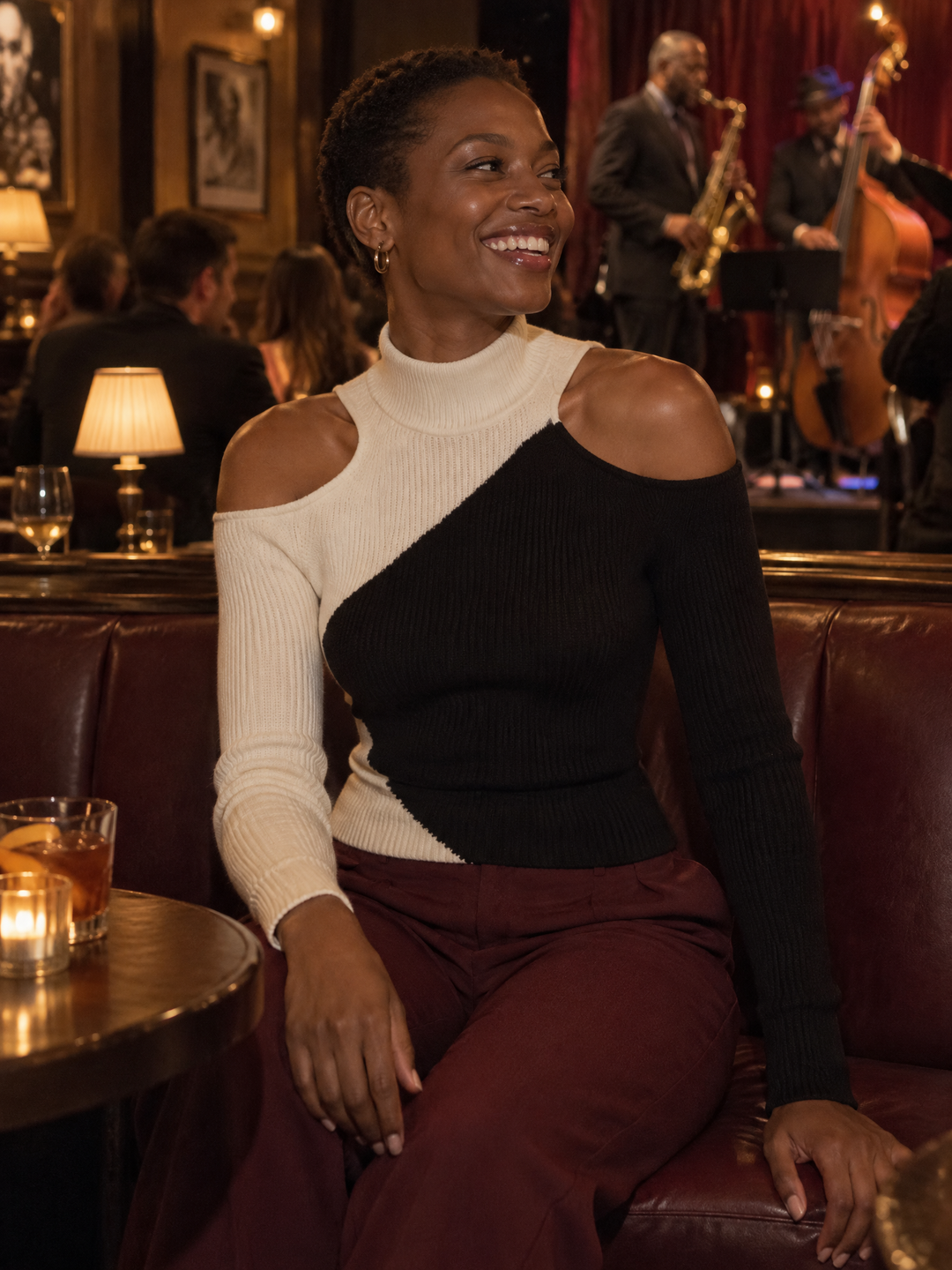 Turtleneck Cold-Shoulder Ribbed Knit Top With Diagonal Colorblock