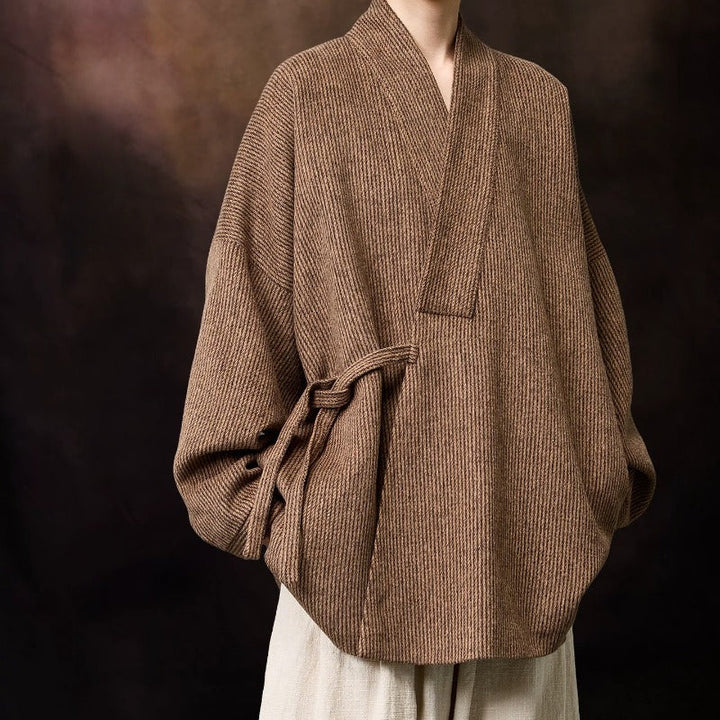 Loose Woolen Cross Front Hanfu Kimono Coat