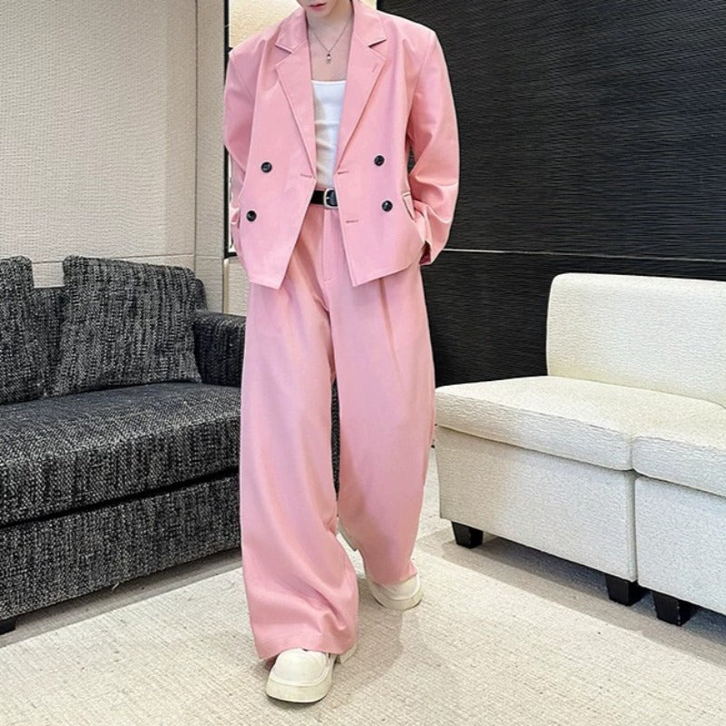 Double Breasted Blazer Draped Wide-leg Trousers Two-piece Set
