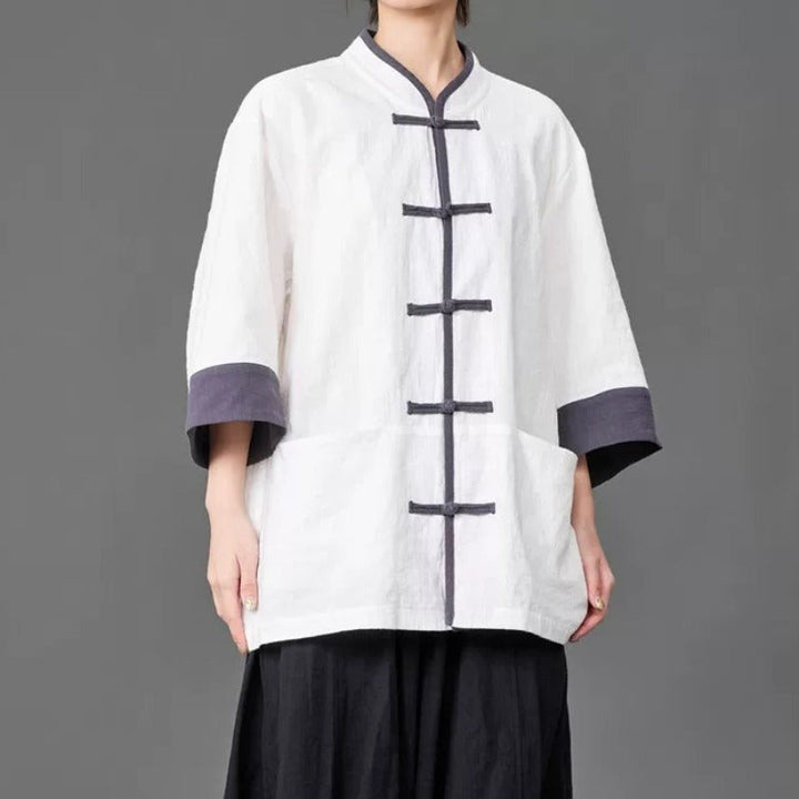 Cotton Linen Three Quarter Sleeve Frog Button Taichi Shirt