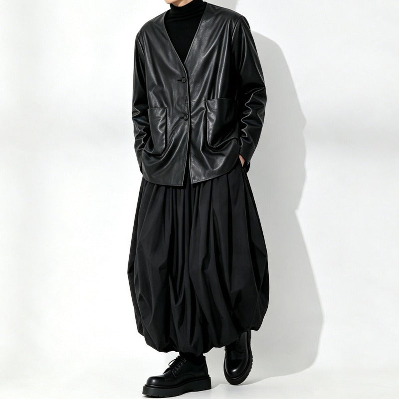 Japanese Loose Pleated V Neck PU Leather Jacket