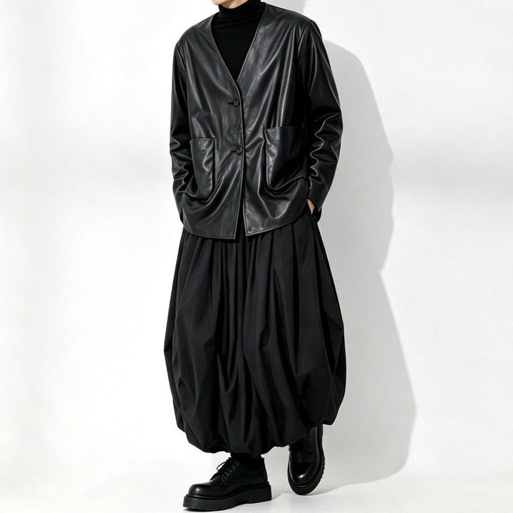 Japanese Loose Pleated V Neck PU Leather Jacket