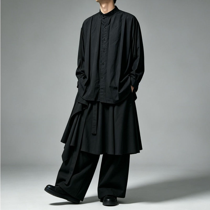 Japanese Minimalist High-waist Asymmetrical Layered Loose Wide-leg Skirt-pants
