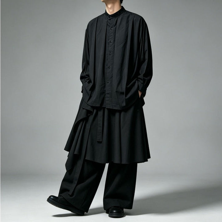 Japanese Minimalist High-waist Asymmetrical Layered Loose Wide-leg Skirt-pants