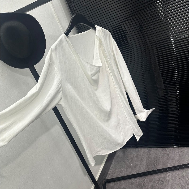 Asymmetric Neckline Tie-Detail Long-Sleeve Shirt
