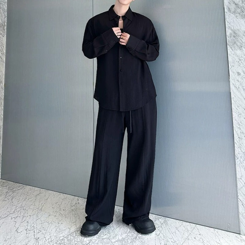 Cotton-Linen Long-Sleeve Shirt Wide-Leg Pant Casual Two-piece Set