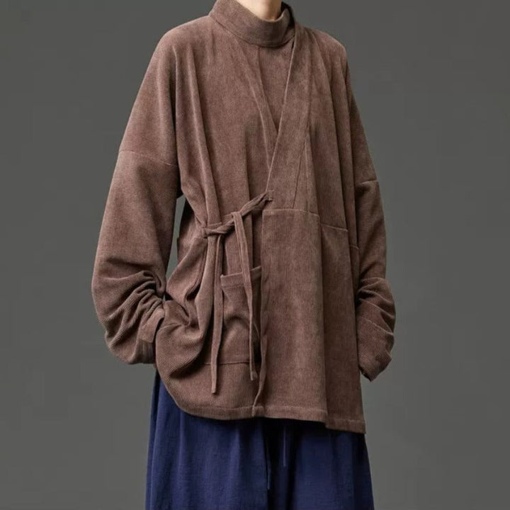 Corduroy Curved Collar Diagonal Placket Loose Hanfu Cardigan