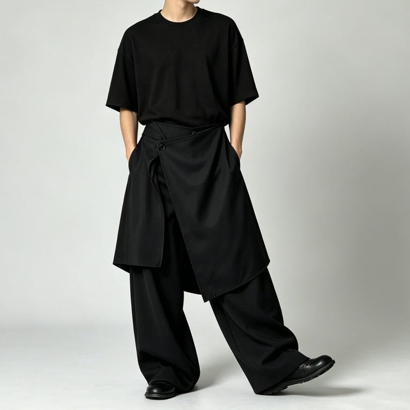 Japanese Loose High-waist Asymmetric Apron Layered Skirt-pants