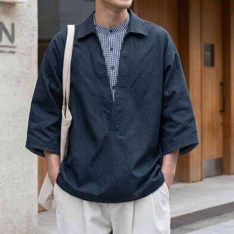 Japanese Plaid Paneled Layered Three Quarter Sleeve Shirt