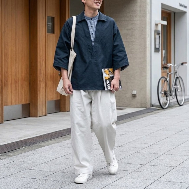 Japanese Plaid Paneled Layered Three Quarter Sleeve Shirt